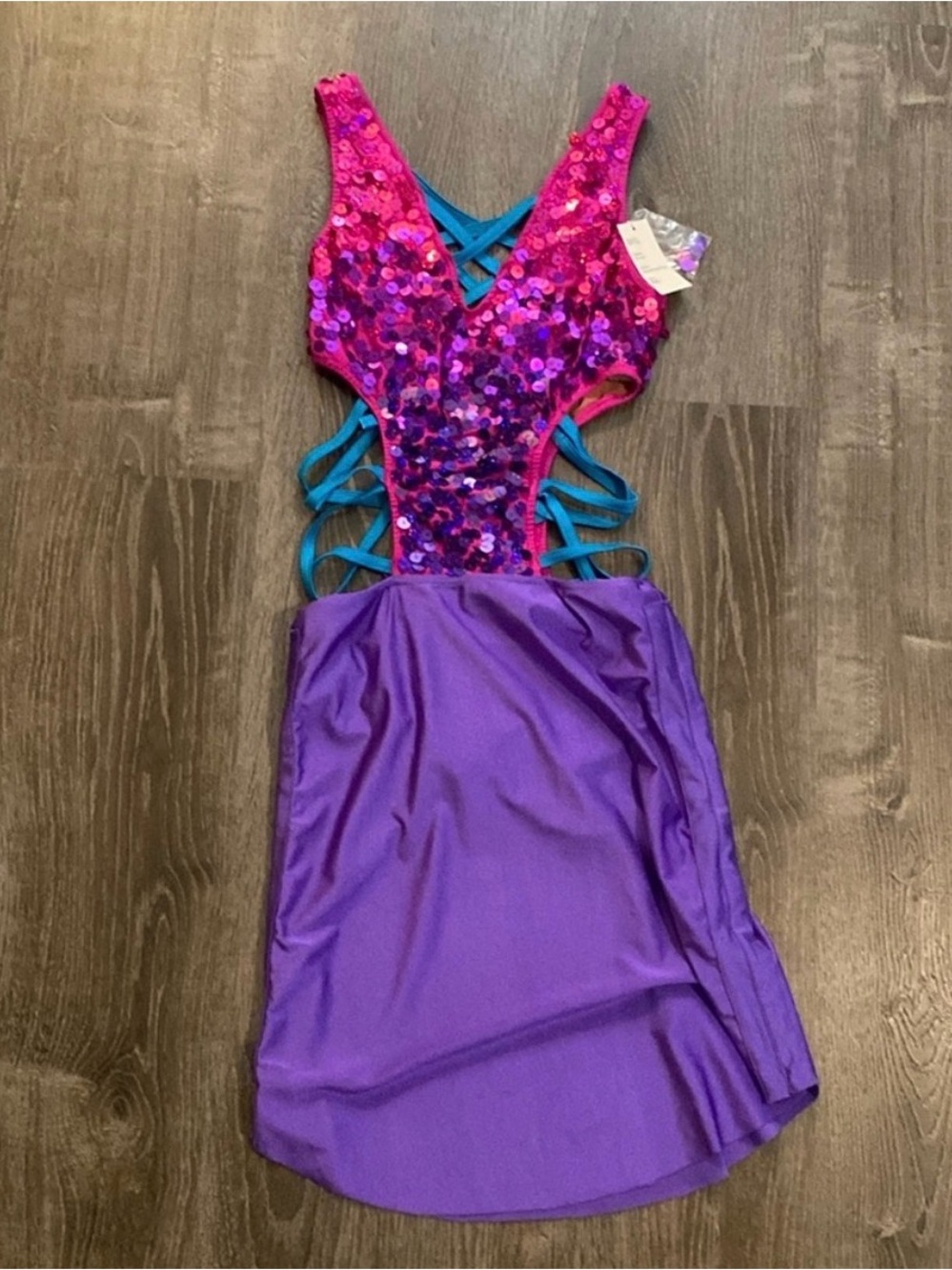 Fuchsia Sequin & Purple Skirt Cutout Dance Dress with Teal Straps